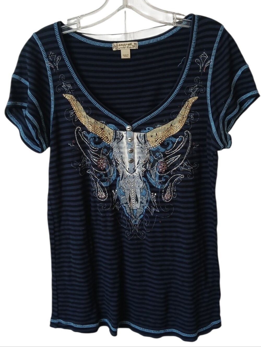 Energe World Wear Striped Top with Embellished Bull Skull Size Medium